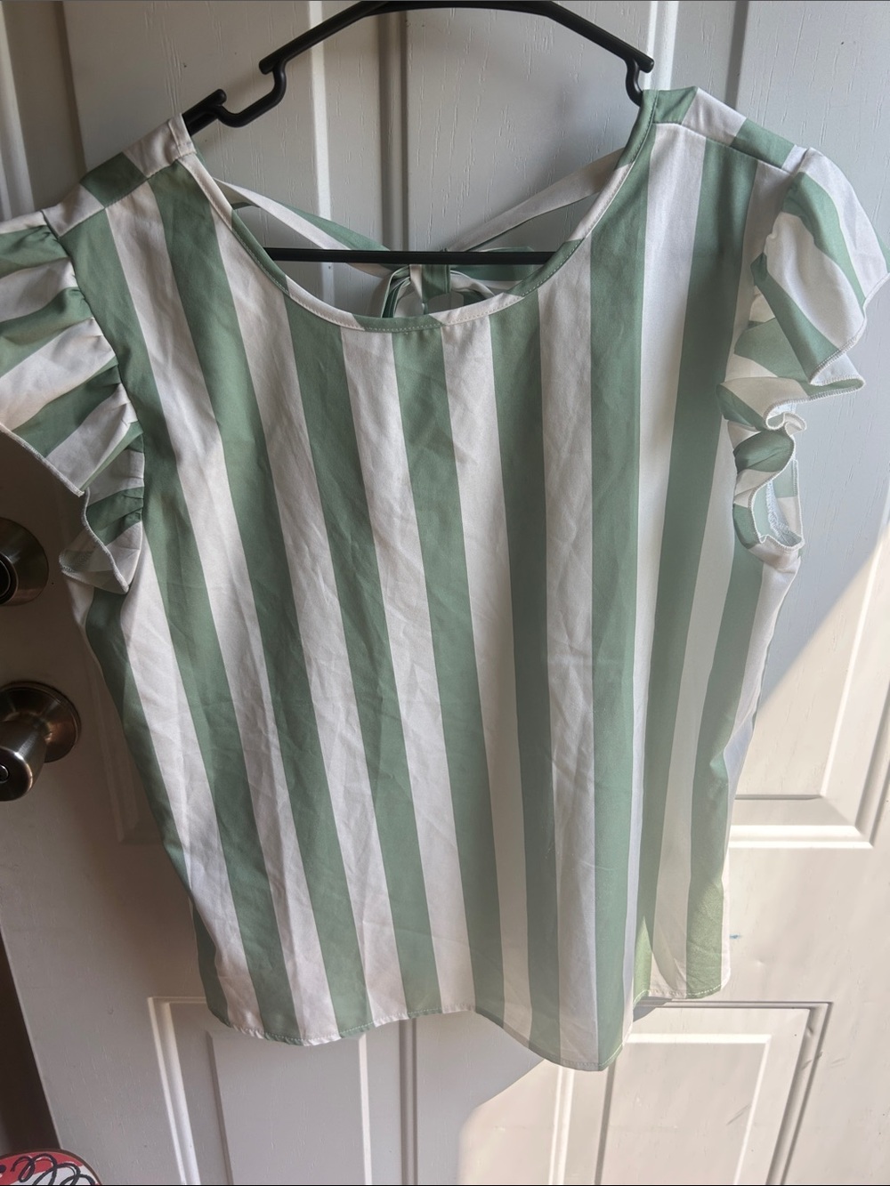 SHEIN Mint Green & White Vertical Stripe Ruffle Sleeve Top
